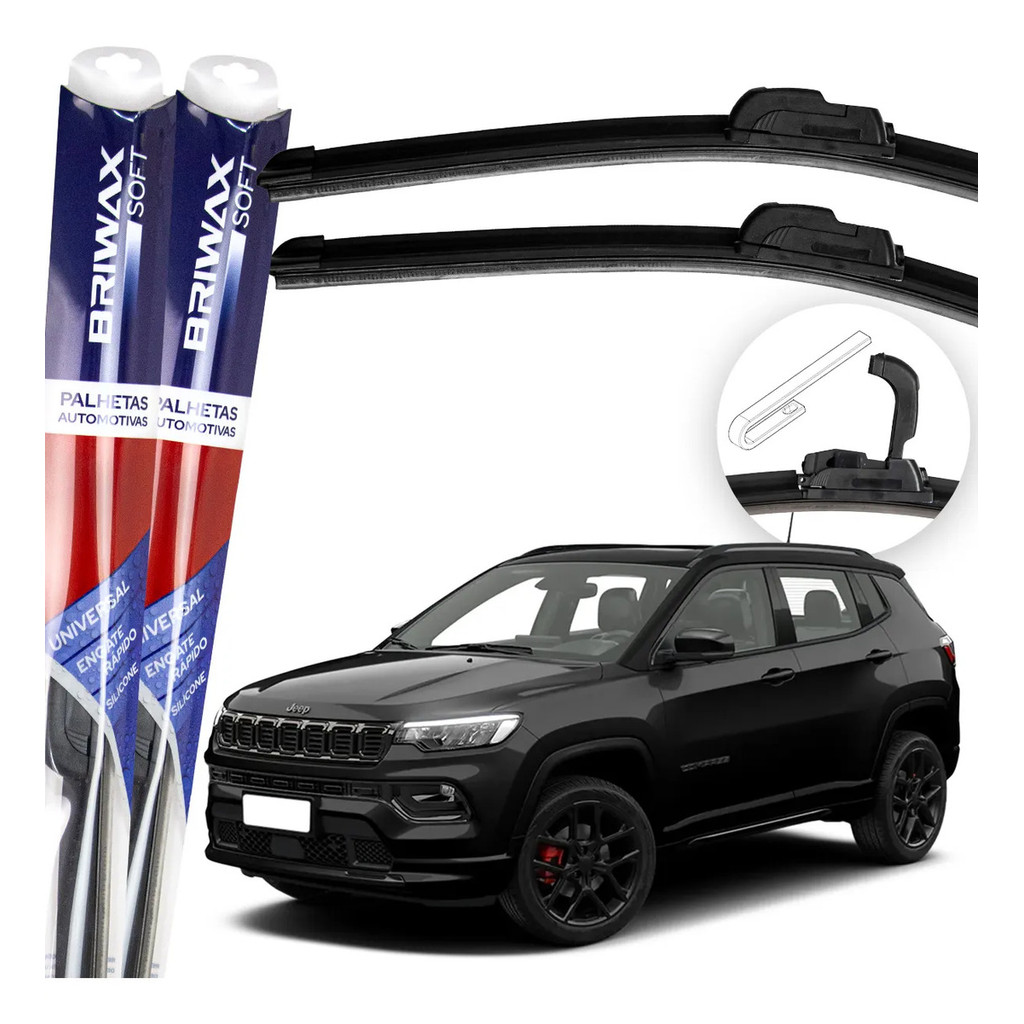 Jogo Palhetas Limpador de Parabrisa Silicone Chuva Gancho Universal Jeep Compass 2017 Até 2025