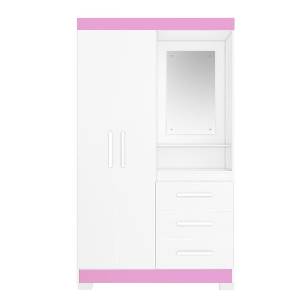 Guarda-Roupa Notável NT 6020 2 Portas 3 Gavetas 187cm MDP Branco Rosa Com Espelho