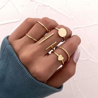Anel conjunto de 6 peças anel de coração conjunto de 6 peças conjunto de anel de junta geométrica de liga de coração