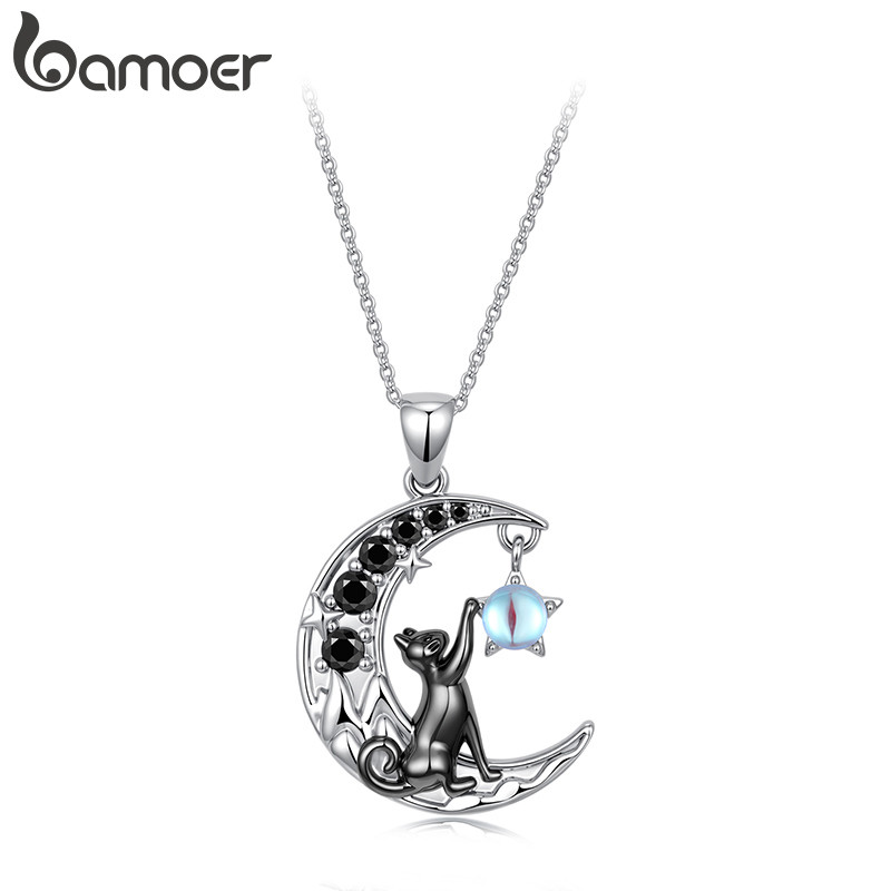 Colar Bamoer Lua E Gato Design Joias Presentes Para Mulheres