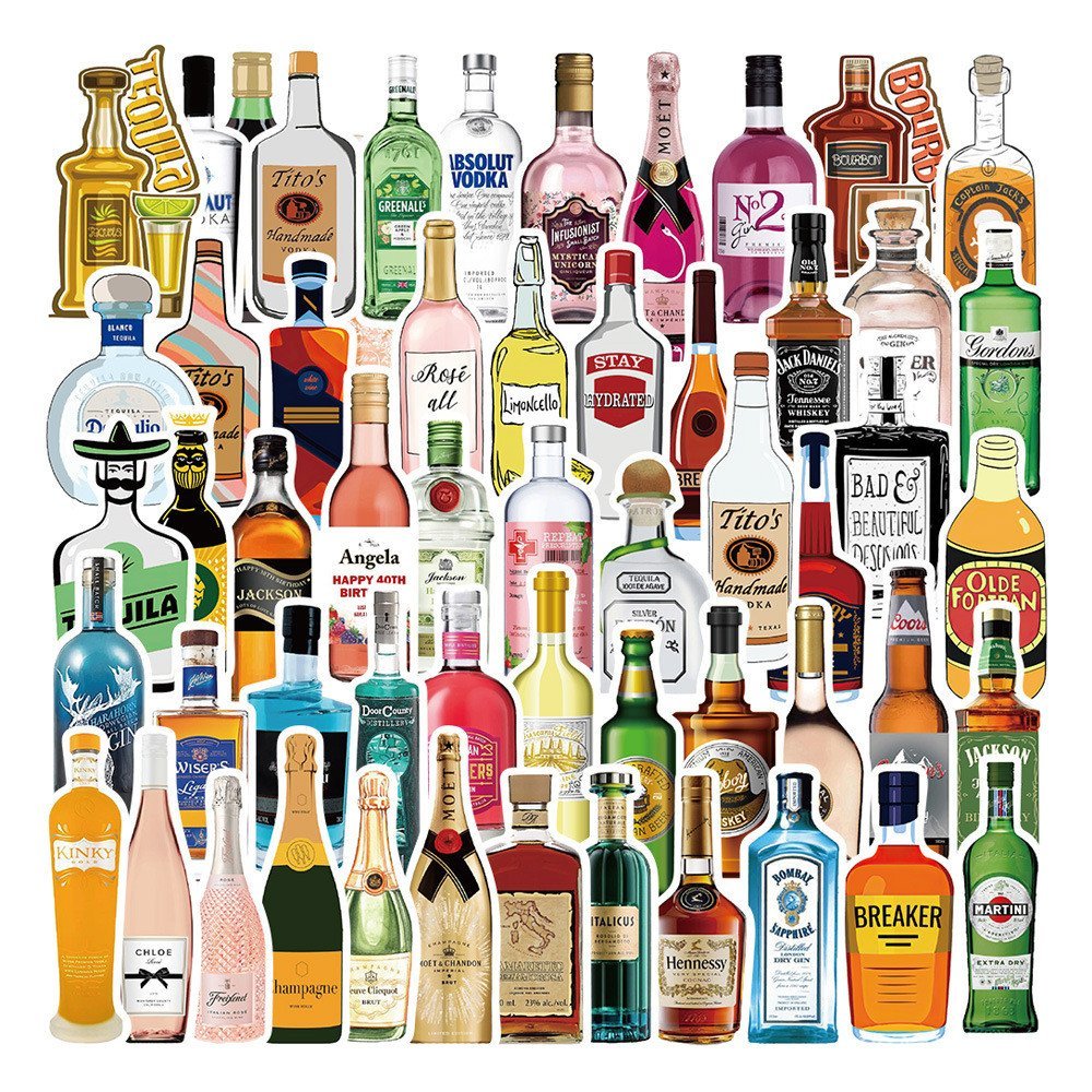 56 adesivos de vinho e cerveja para vinho tinto, vinho branco, whisky, diário de desenhos, computador, decoração de bar,