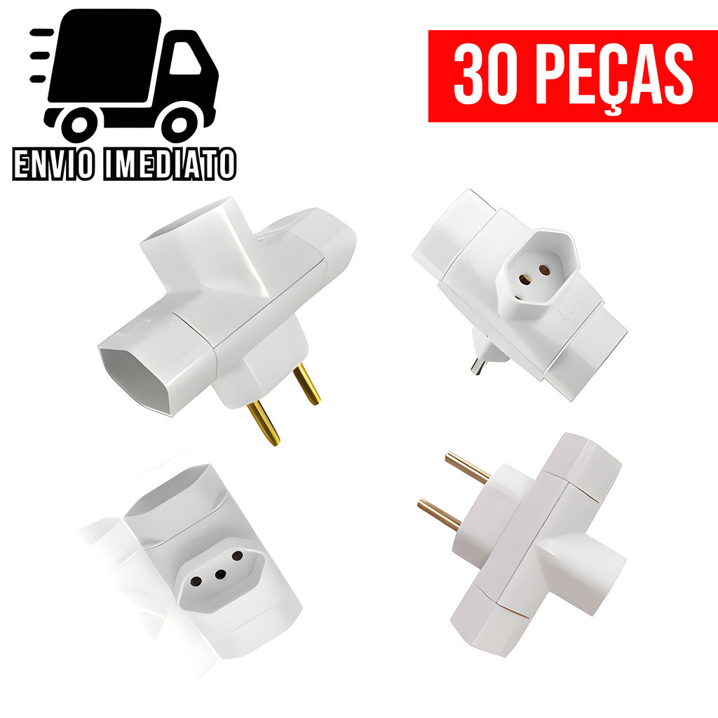 Kit 30 Adaptador de Tomada Benjamin 3 PINOS Formato T de 10A Bivolt