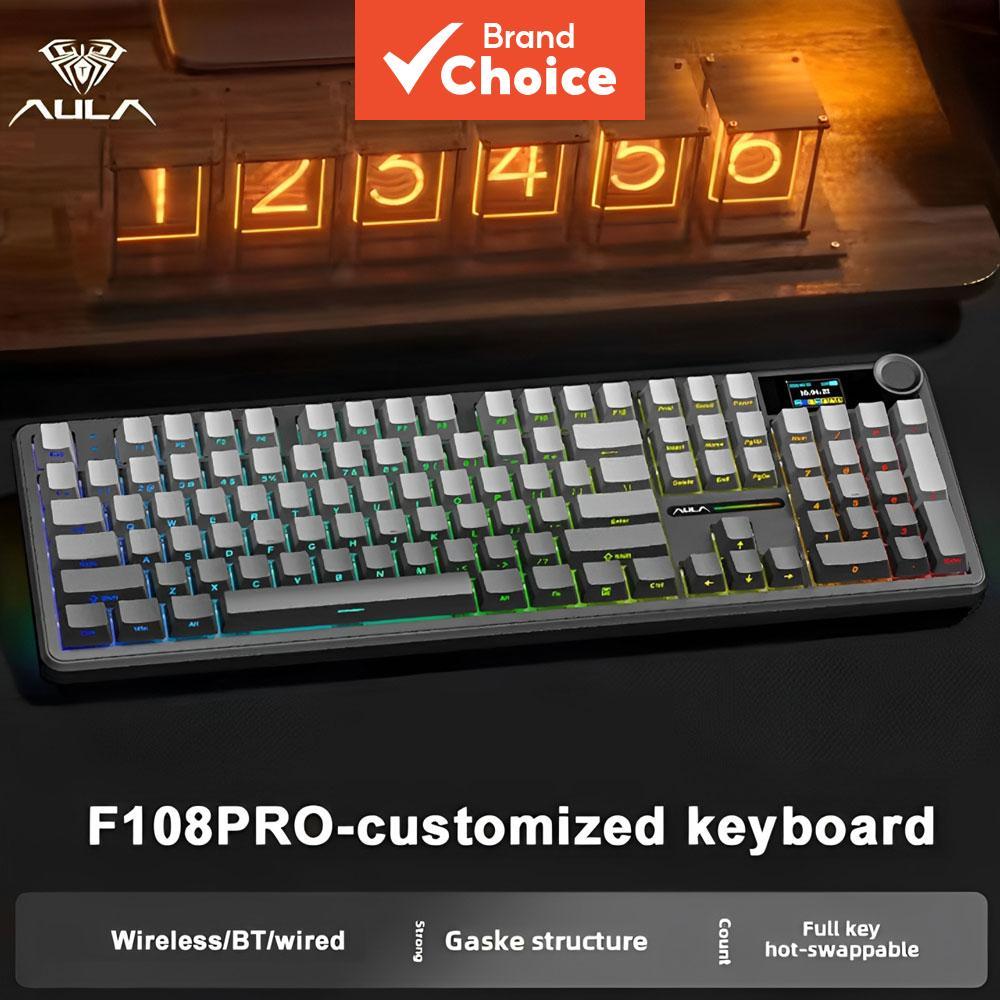 Teclado Mecânico Gamer AULA F108 Pro Tri-Modo RGB com Tela Inteligente TFT, Botões Multimídia e Conectividade Wireless
