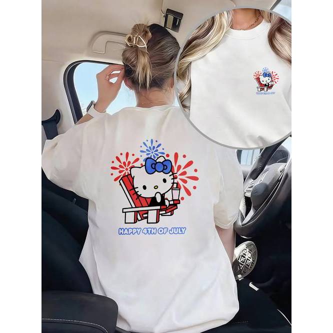 「BR.Moonlight」Camiseta Hello Kitty Fogos de Artificio 4 de Julho Licenciada Confortável Fofa Divertida Moda Feminina ...