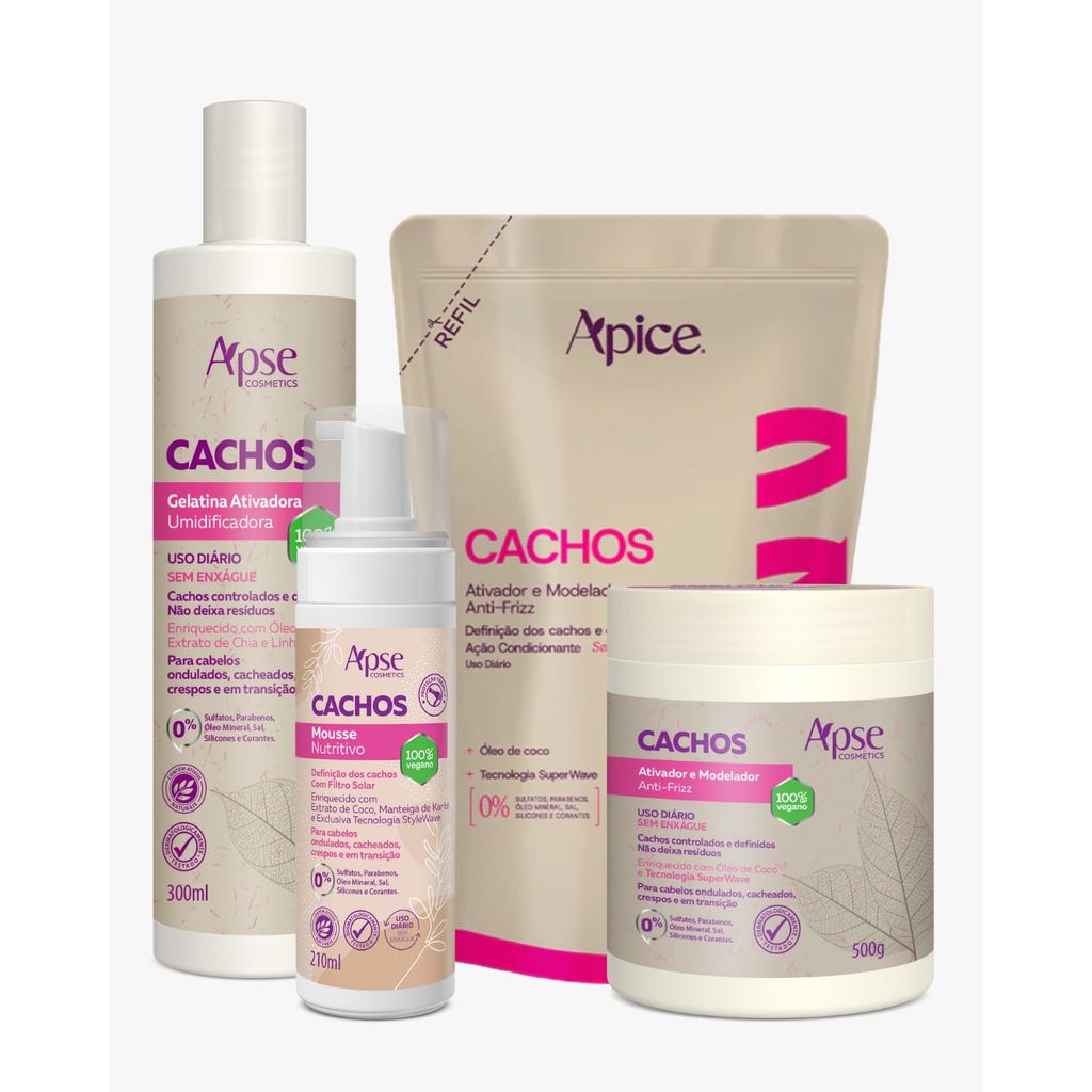 Kit Gelatina, Mousse, Ativador e refil Ativador Cachos Apice