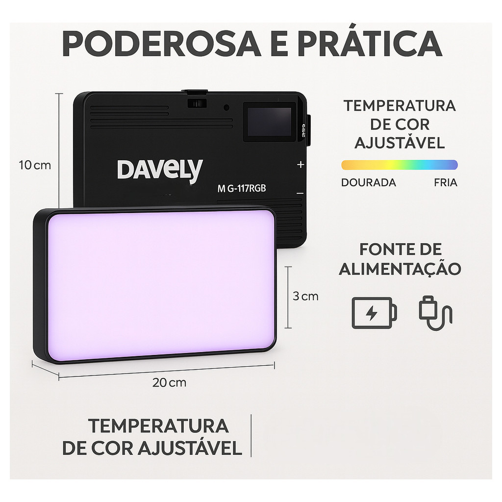 Iluminador LED RGB Portátil Davely MLG-117RGB Luz de Preenchimento Recarregável 3000K a 9900K para Câmera Celular Tablet