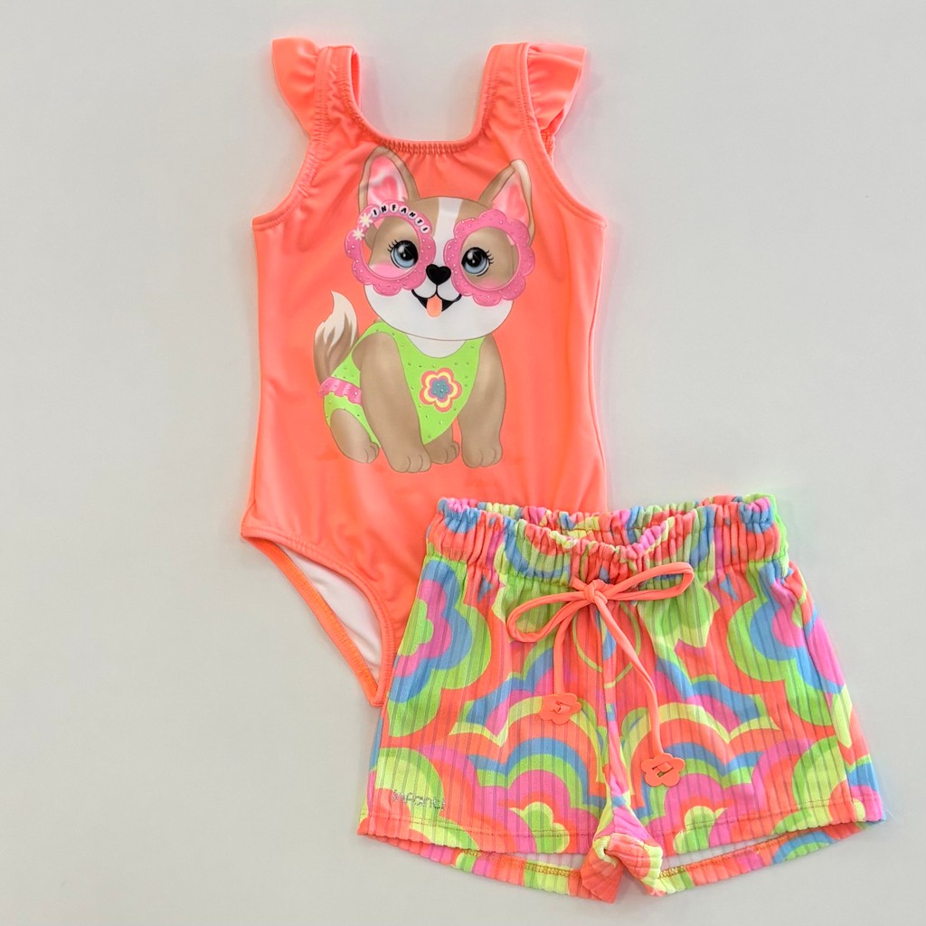 Conjunto UV Infanti Maio e Shorts Neon Vibrante Verão Moda Praia 88911