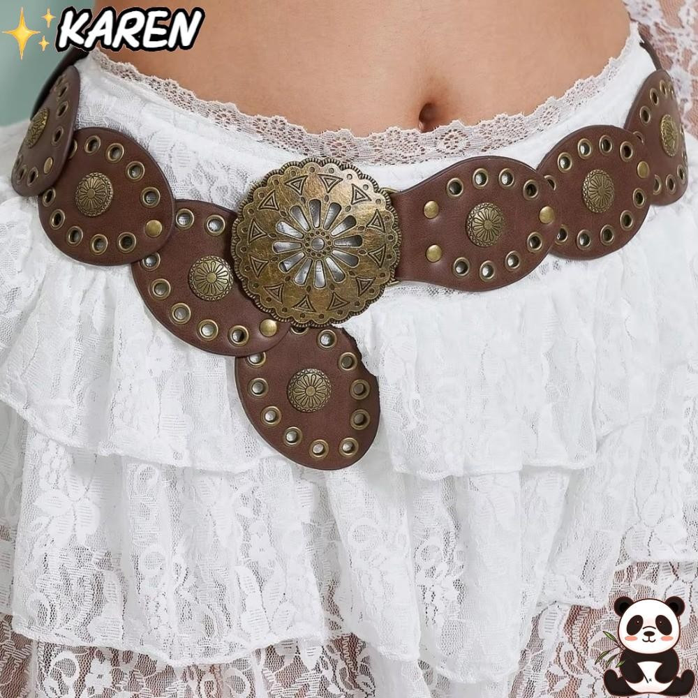 Alça De Cintura KAREN , Cinto Largo De Design Retrô De Metal Oco , Cintos De Vestido De Calças De Couro PU Estilo Boêmio