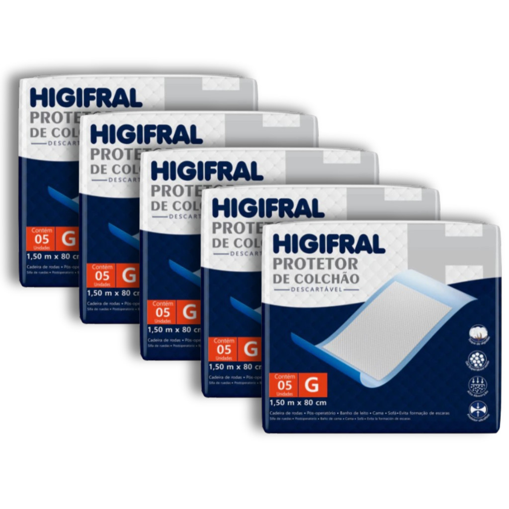 Kit 5 Protetor De Colchão Lençol Descartável Geriátrico Higifral - Tamanho G - Total 25 Unidades
