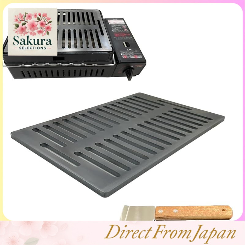 Iwatani Aburiya Robatayaki Grill Compatible with Various Models, 6mm Black Iron Plate with Two-Tier Slits, Smooth Finish on Both Sides, Comes with a Spatula, Cassette Stove Body Not Included, Materials and Manufacturing Both Domestic in Japan
