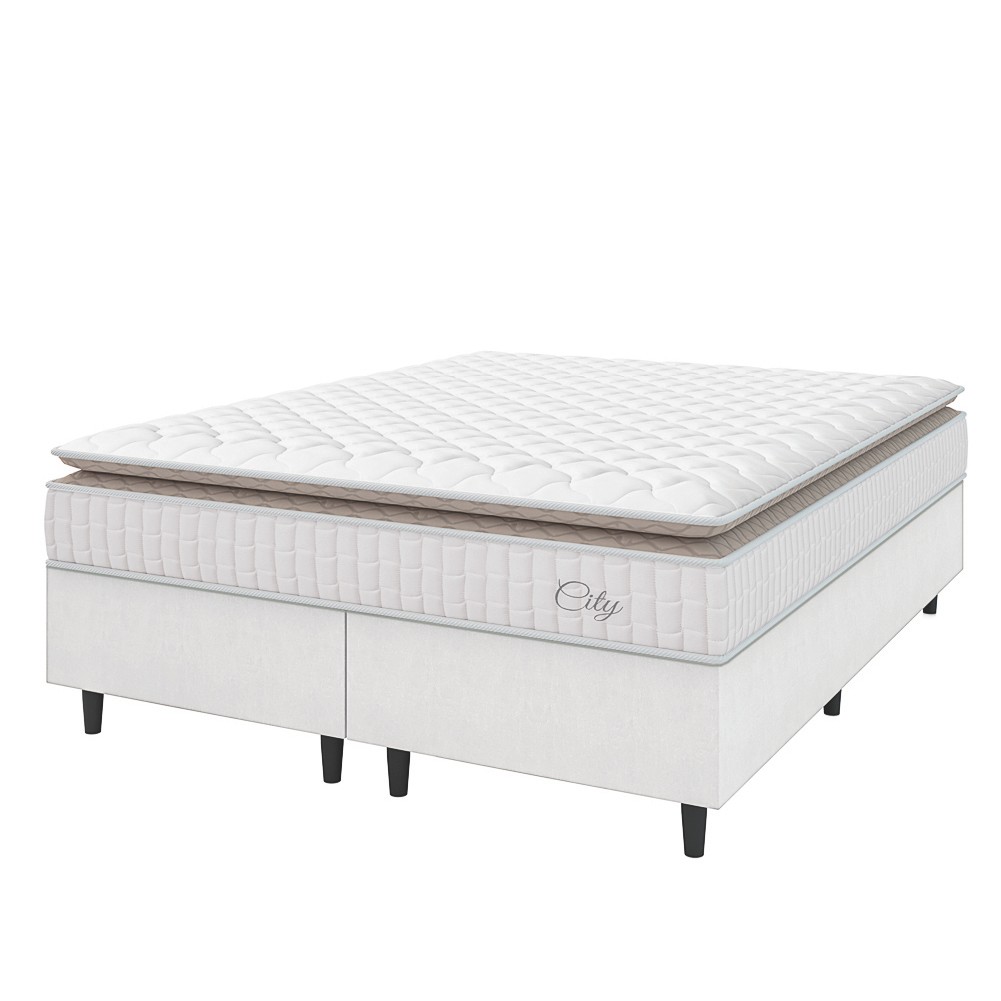Cama Box Colchão Casal Queen Molas Ensacadas City Pillow Top 158x198x61cm Linho Branco / Bege Hellen