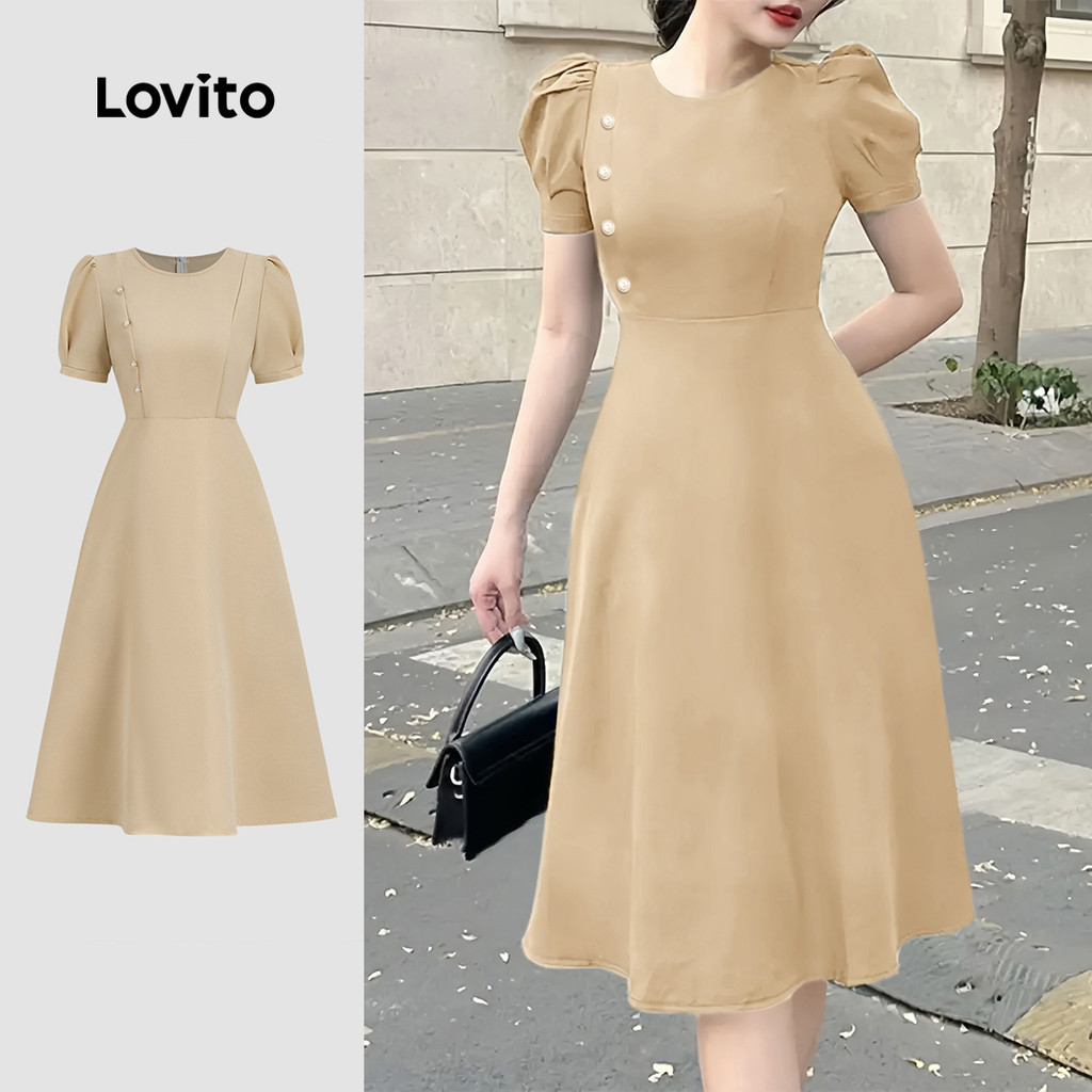 Lovito Vestido Elegante com Botão Primavera/verão Vestido Caqui para Mulheres L165ED921 em Oferta na Shopee