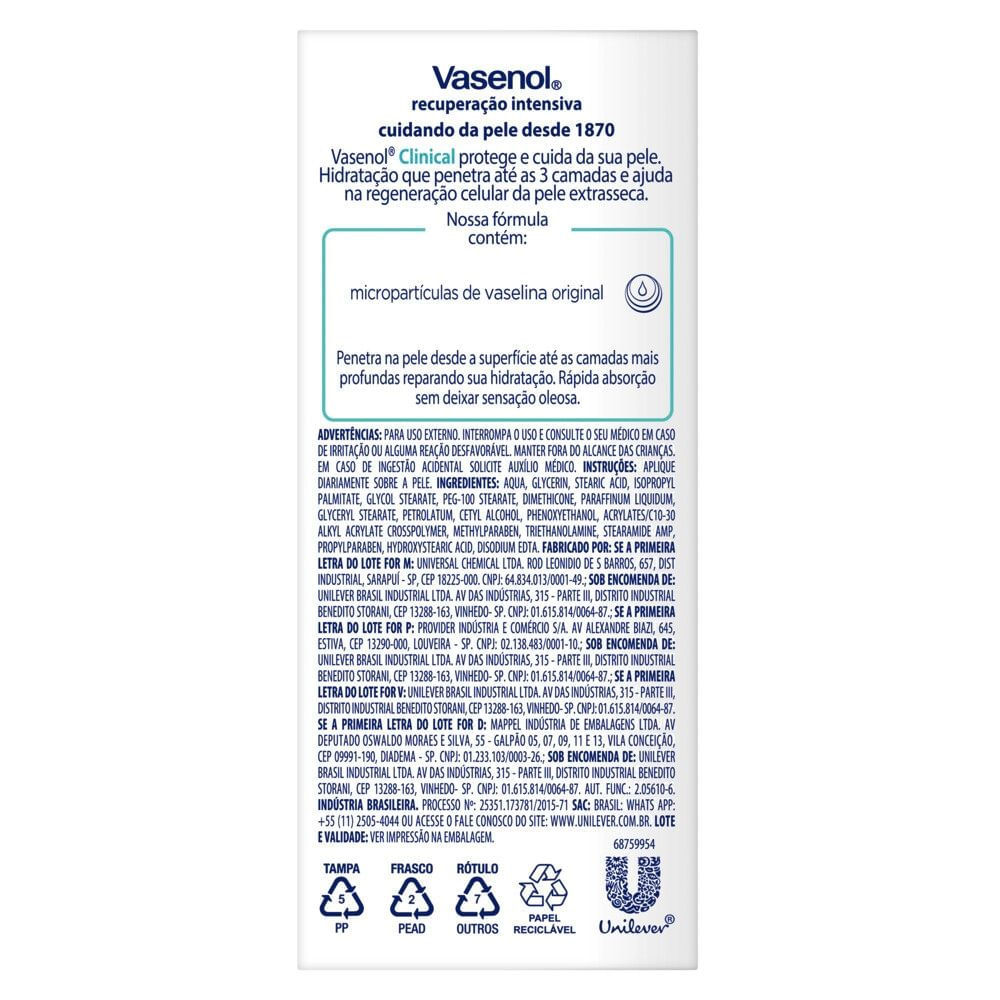 Detalhes do Loção Hidratante Vasenol Recuperação Intensiva Clinical com 200ml