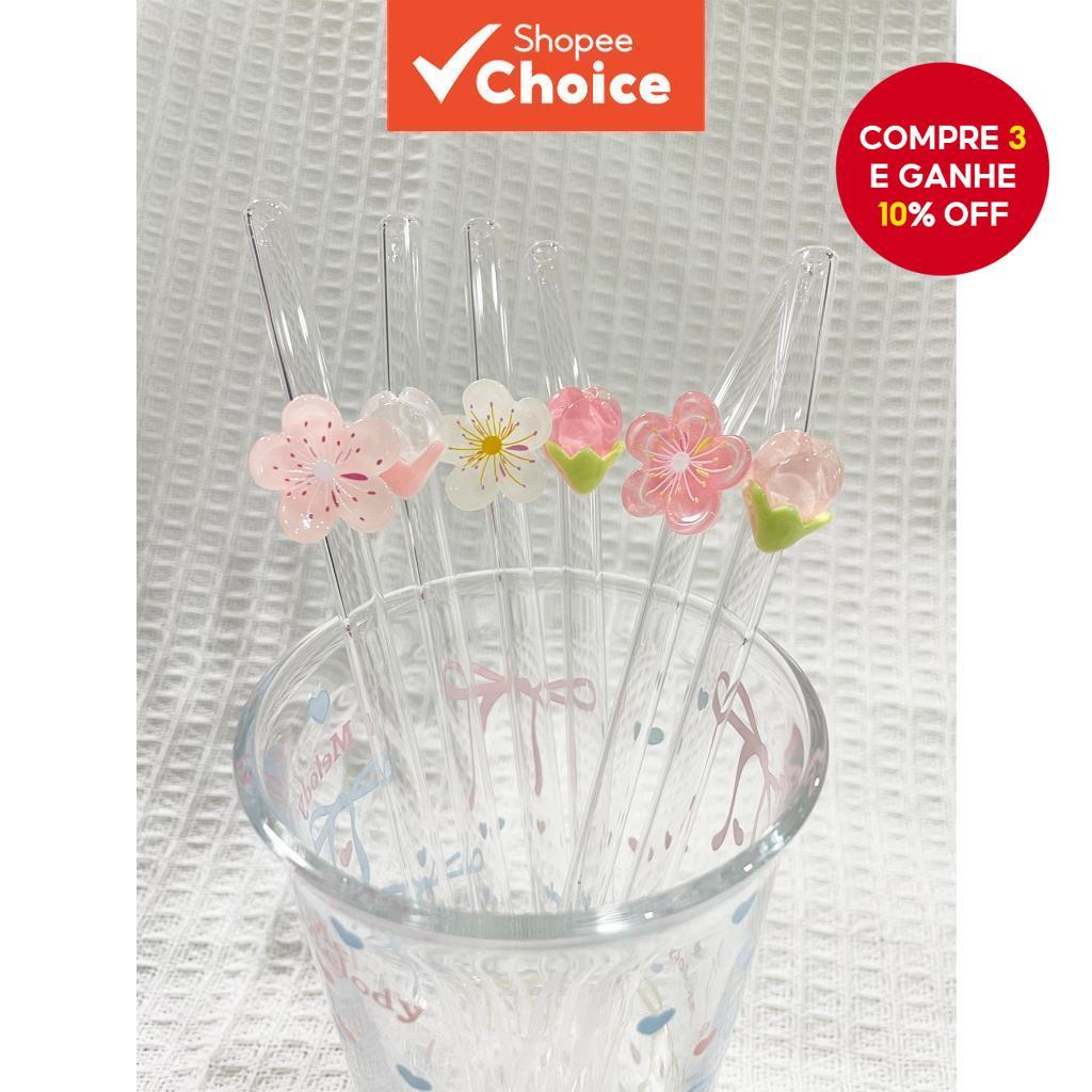 Canudo De Vidro Resistente Ao Calor Com Decoração Floral (1 Unidade)-Ideal Para Suco , Chá Leite , Café E Bebidas Frias em Oferta na Shopee