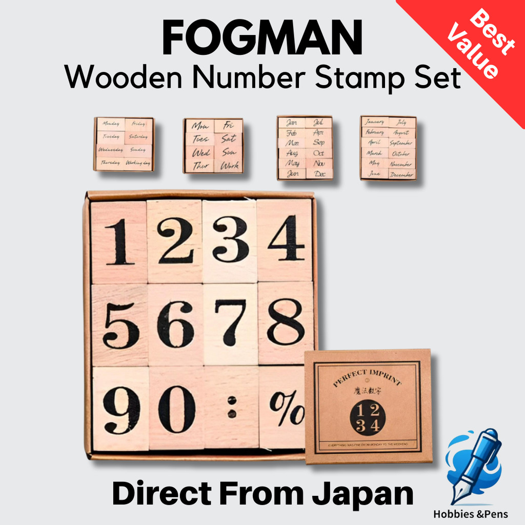 fogman Wooden Number Stamp Set - Cute & Stylish, Days of the Week & Months, Large & Small (Month Name - Abbreviation)