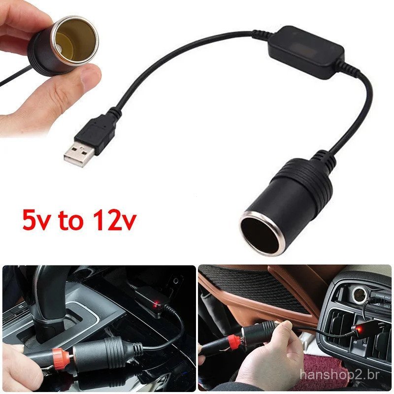 Adaptador Conversor USB de 5V para 12V para Acendedor de Cigarro de Carro com Cabo Controlador Conector Acessórios