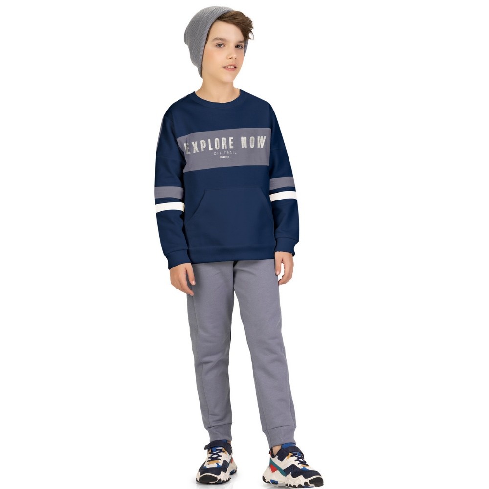 Conjunto Menino Kyly em Moletom Peluciado e Recorte Gorgurinho Azul/Cinza