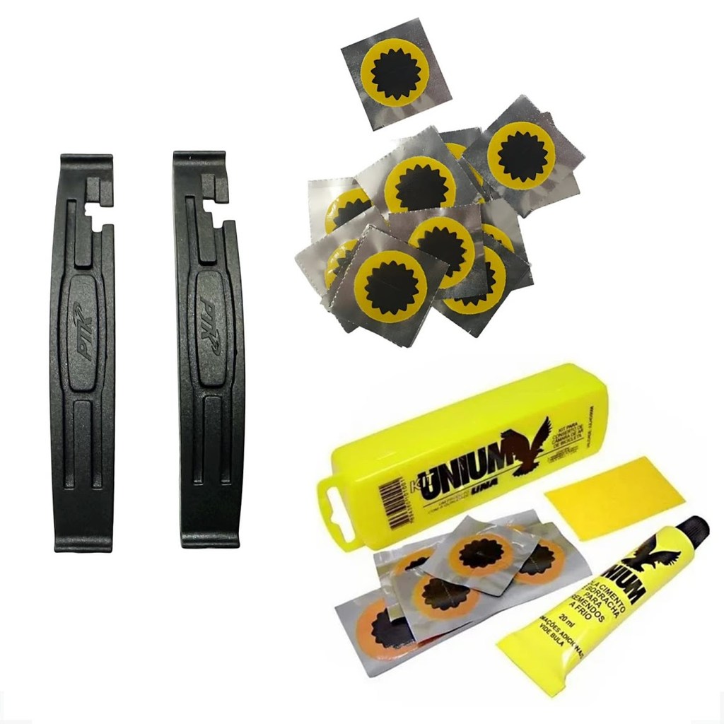 Par 2 Espátulas Forte Reforçadas Nylon Bike Bicicleta + Kit Reparo Unium + 20 Remendos R00 Vipal