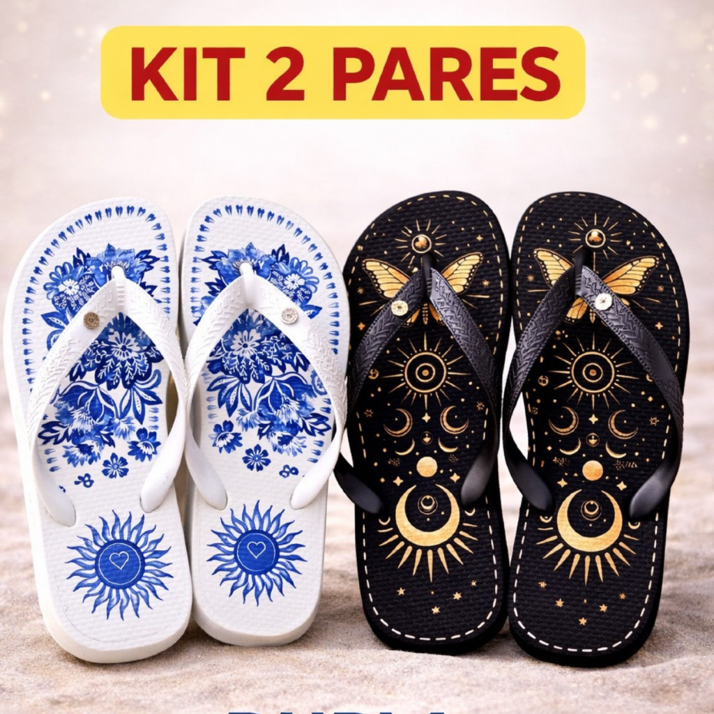 Kit Chinelo Feminino 2 Pares Barato Confortável Estampado Floral + Celestial Oferta