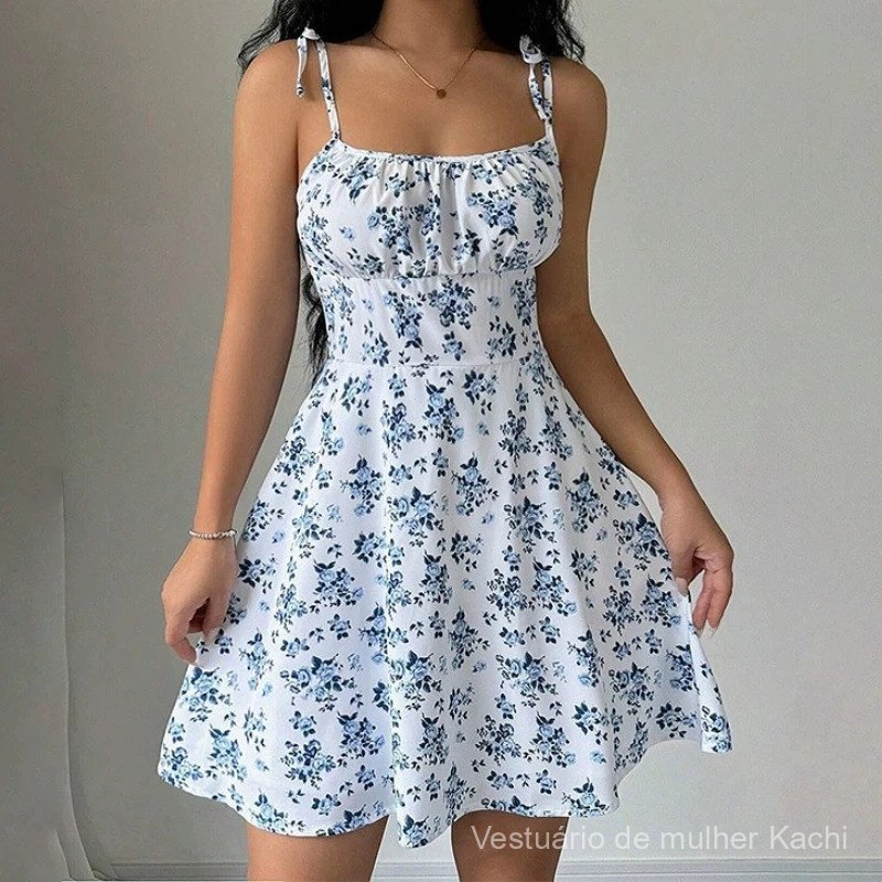 Vestido mini feminino de verão com estampa floral e alças finas para praia, vestidos femininos, roupas femininas, vestuá