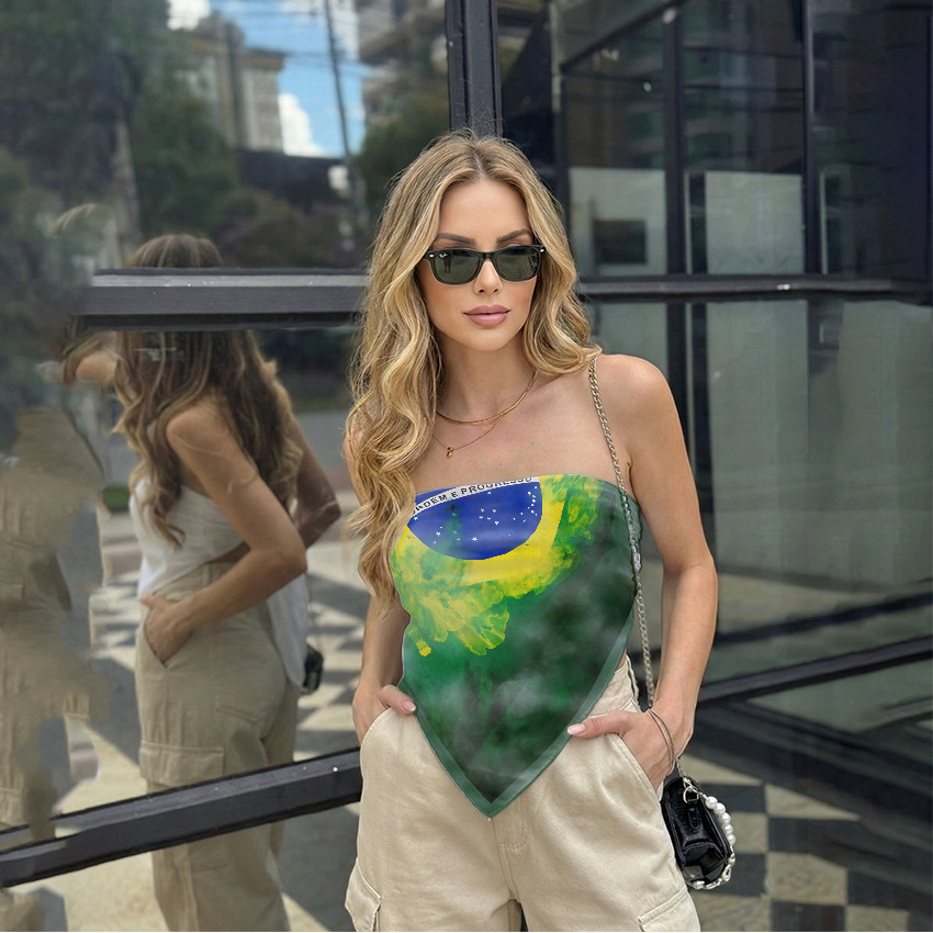 Lenço Feminino Multifuncional Estampa Bandeira do Brasil | Cetim Toque Suave | 90x90cm | Look Tendência