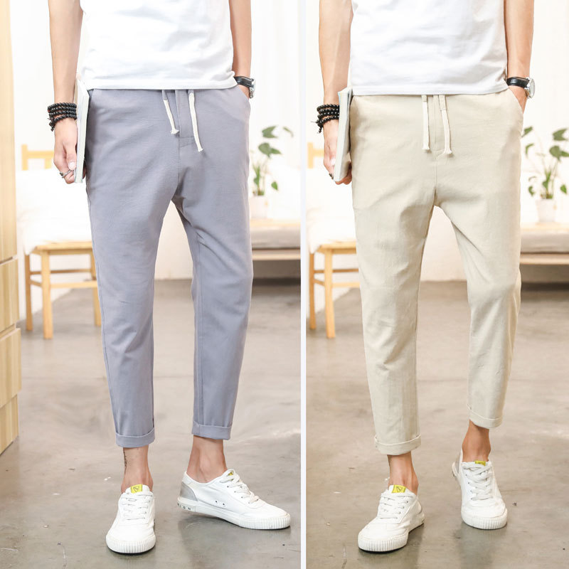 Calças de linho de algodão masculinas verão versão coreana na moda All-Match magro-ajuste calças magras de linho fino to