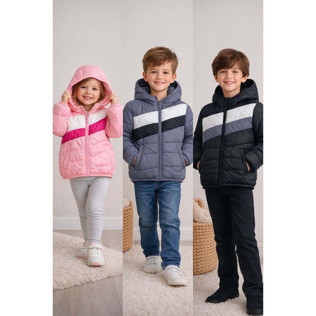 Jaqueta Puffer Infantil Impermeável Premium com Capuz  Menino Menina Masculino Feminina Colorida