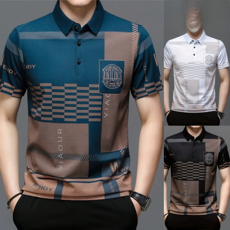 Camisa Polo de Golfe Masculina de Manga Curta Listrada com Decoração Xadrez para o Verão ESUY