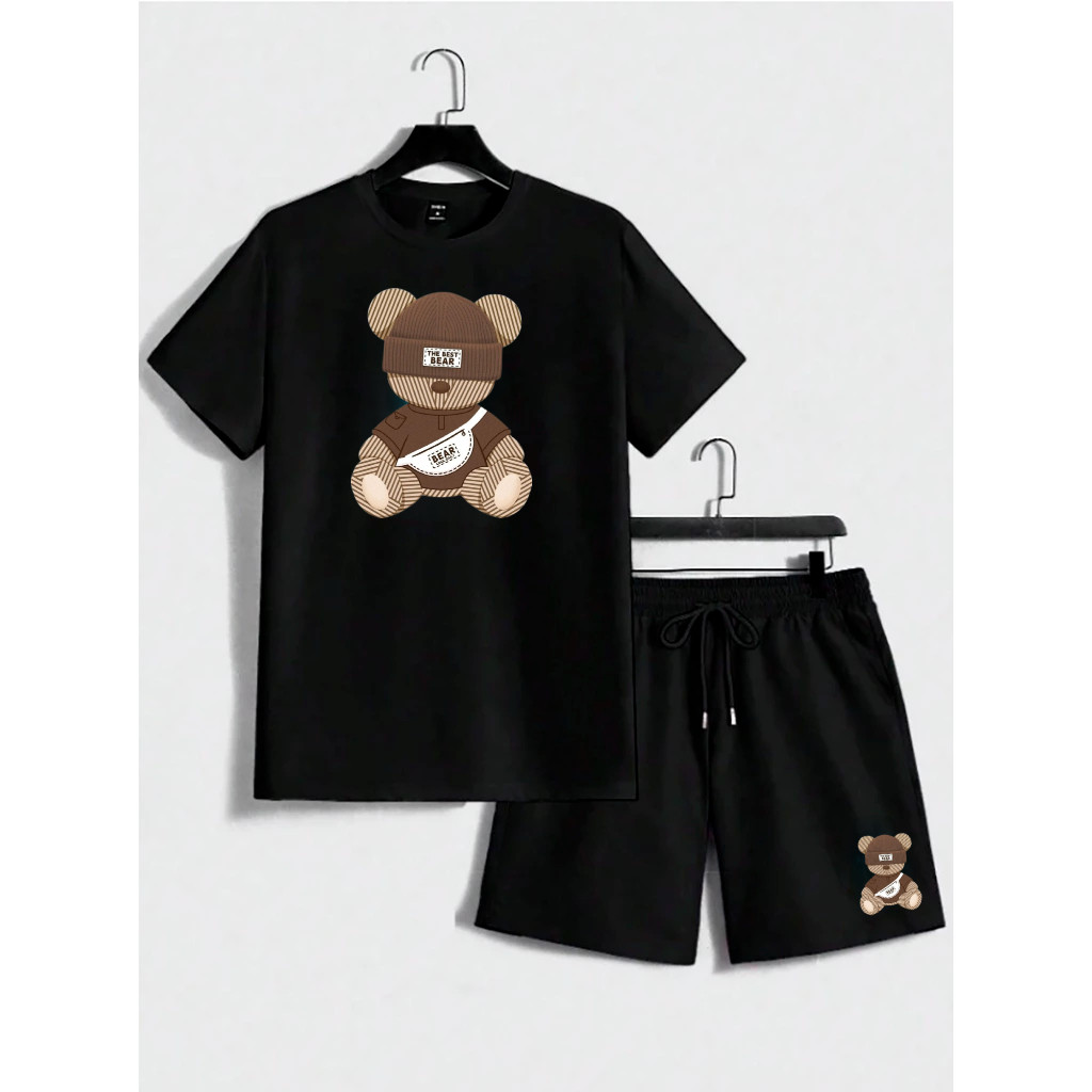 Kit Camiseta e Short Tactel Masculino Conjunto Camisa e Bermuda Estampado Urso Confortavel Dia a Dia Lazer Academia