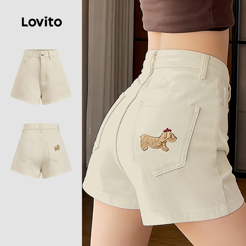 Lovito Shorts de Ganga Casual com Botões Textura Branca Primavera/verão Shorts Brancos de Ganga para Mulheres L185AD093