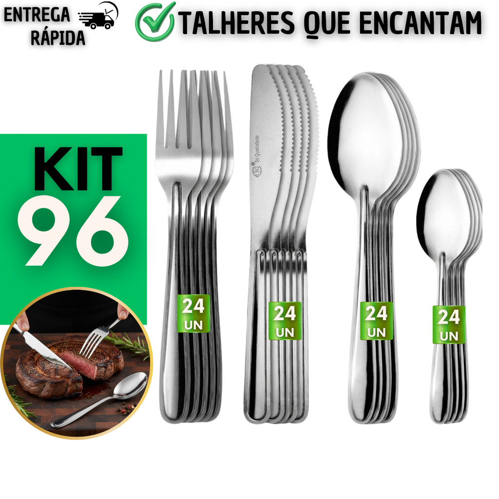 Jogo de Talhares 24/36/48/96 Peças Inox Facas ,Garfos, Colheres de Sopa Mesa e Colher de Sobremesa Casa