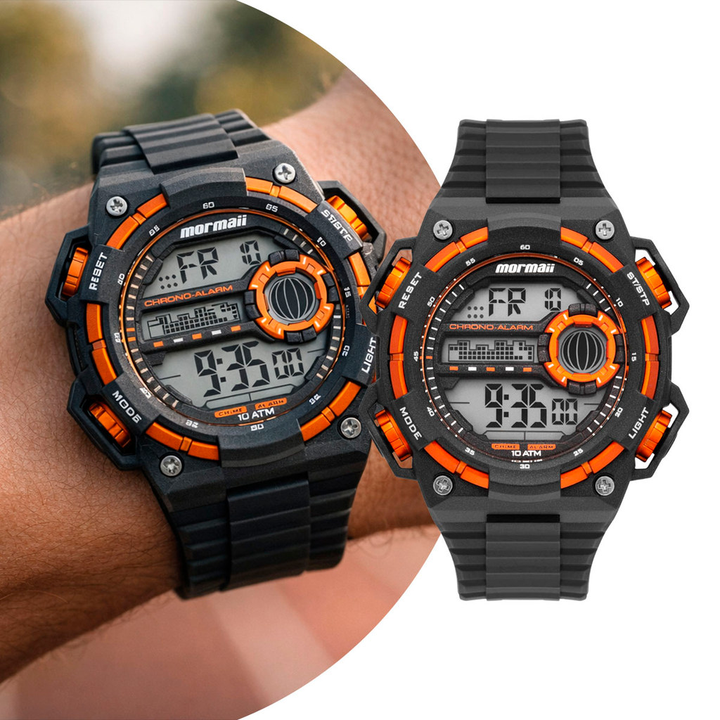 Relógio Masculino Digital Preto e Laranja com Caixa de Polímero e Pulseira de Silicone à Prova D Água Shock Mormaii