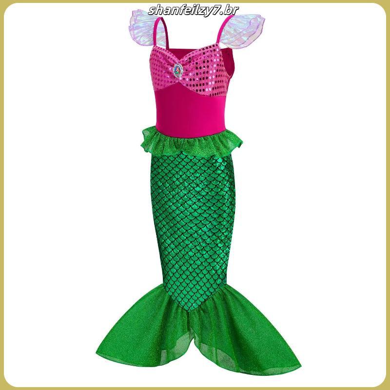 Fantasia Infantil Sereia Vestido Calda Ariel Roxo E Verde