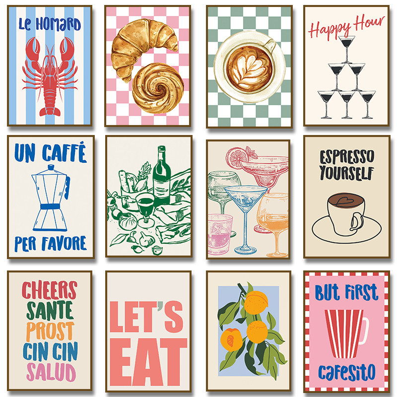 Retro Café Croissant Cocktail Alegrias Comida Bebida Frutas Cartaz Pintura Em Tela Bar Cozinha Decoração