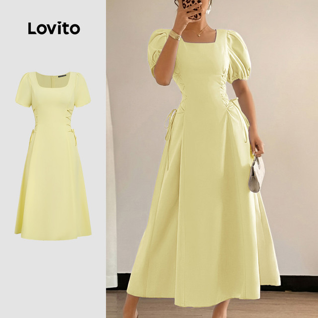 Lovito Longo Elegante Vestido Com Cadarço E Zíper Primavera/Verão Vestido Amarelo Para Mulheres Bordado LK3LD424