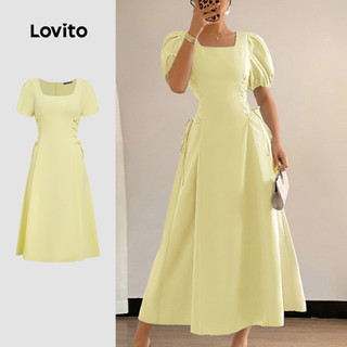 Lovito Elegante Vestido com cadarço e zíper primavera/verão vestido amarelo para mulheres Bordado LK3LD424