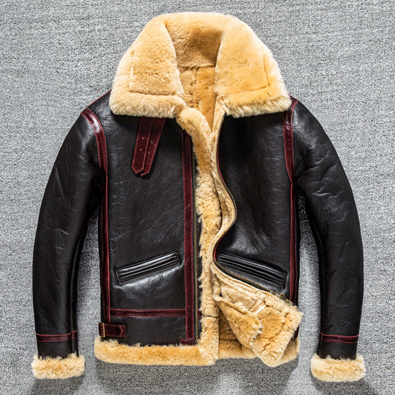 Clássico B3 inverno quente lapela grossa lã de couro genuíno uma lã de cordeiro jaqueta de couro genuíno masculina Retro