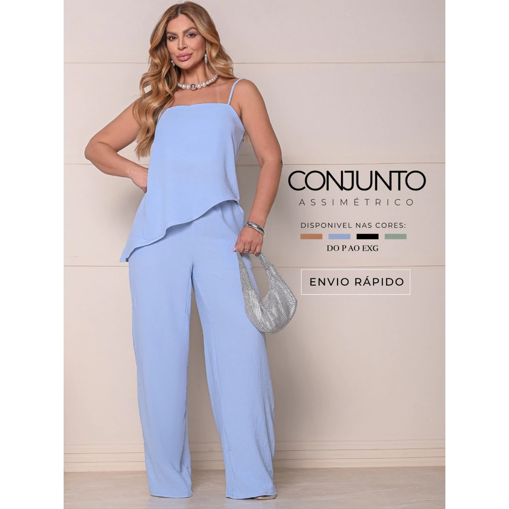 Conjunto Feminino Calça Wide Leg e Blusa Assimétrica Elegante Confortável