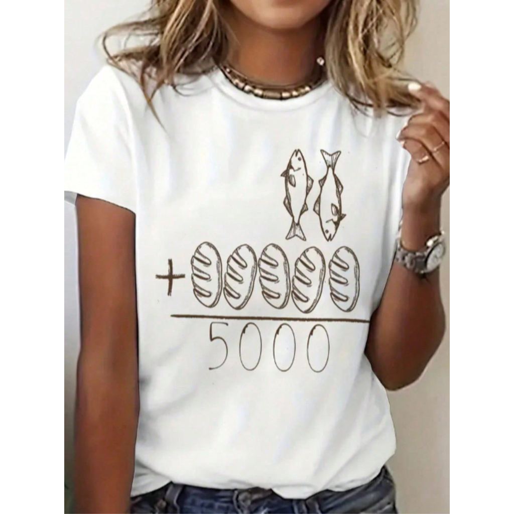Camiseta Feminina de Gola Redonda Estampada com fé feminina, Moda T-shirt Feminina com Estampa de fé feminina, Camiseta 