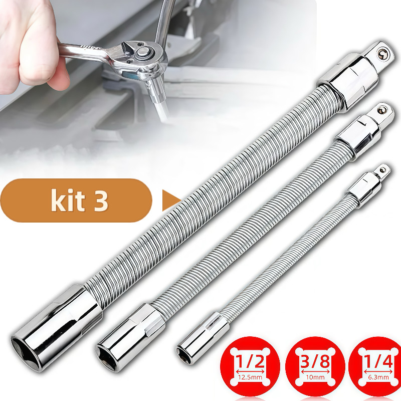 Kit 3 Extensores Flexíveis para Soquete 1/4" 3/8" 1/2"  Extensão Haste Adaptador Chave Catraca