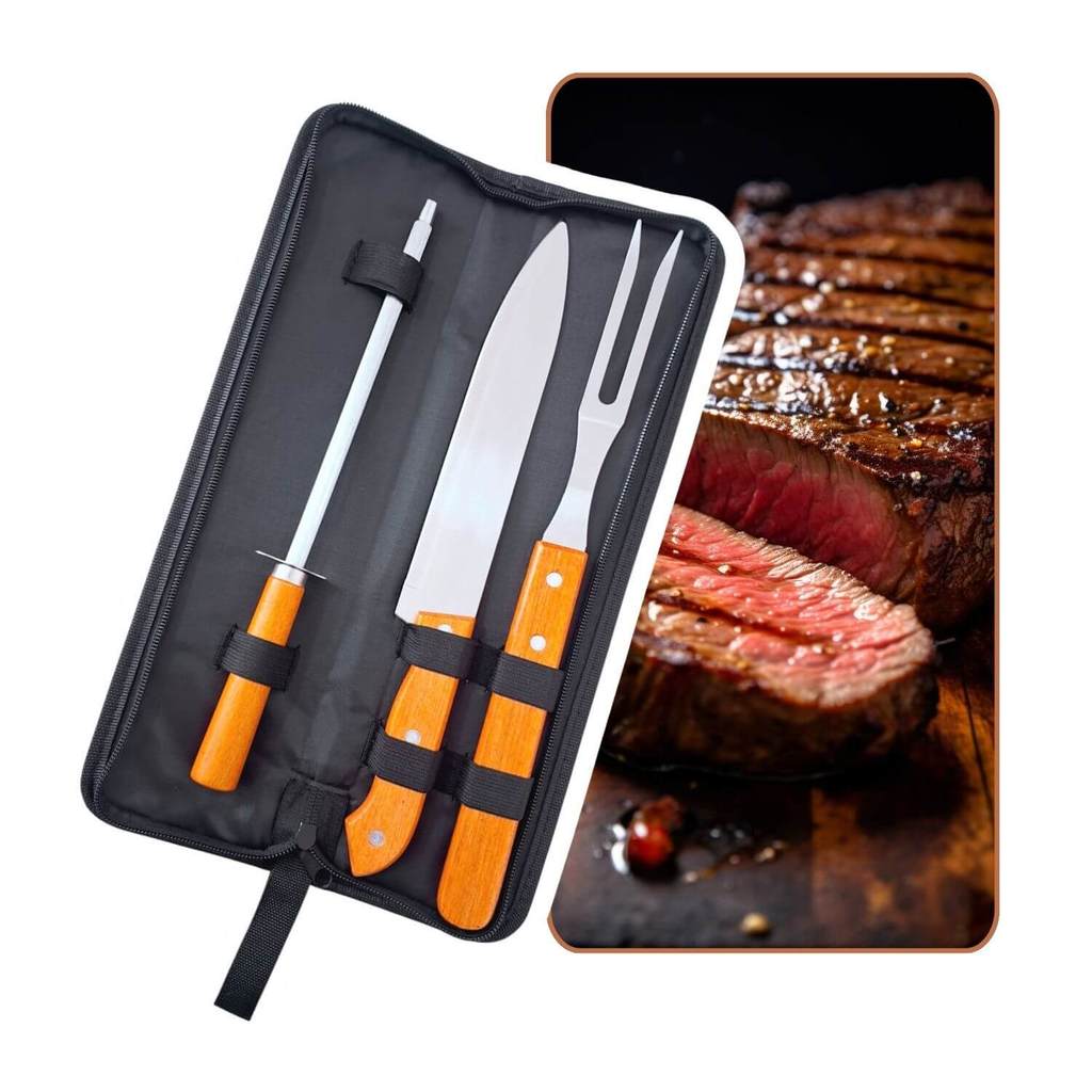 Kit Churrasco Barbecue 4 Peças com Chaira Faca Garfo e Estojo Completo Profissional Gourmet