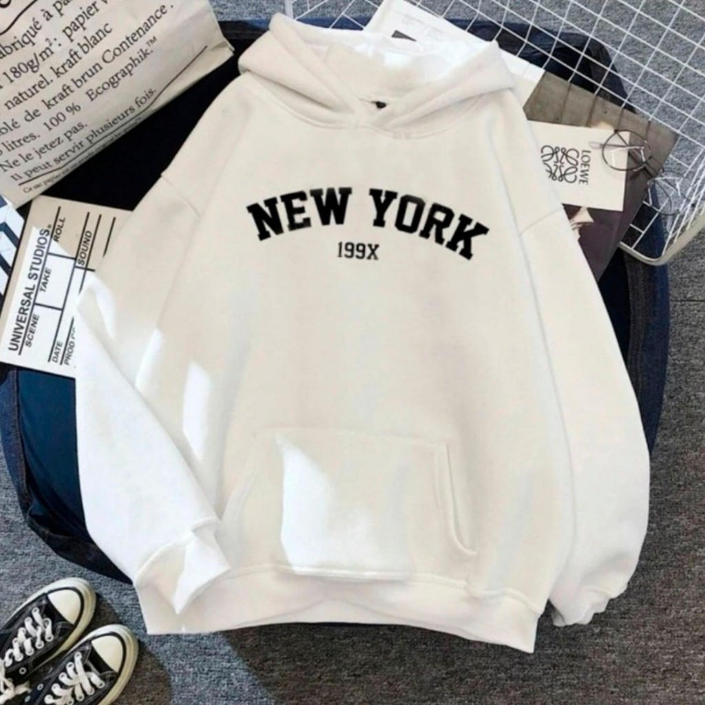Moletom Canguru Unissex Blusa De Frio Com bolso e capuz Casaco Flanelado Feminino Masculino Algodão New York 199X