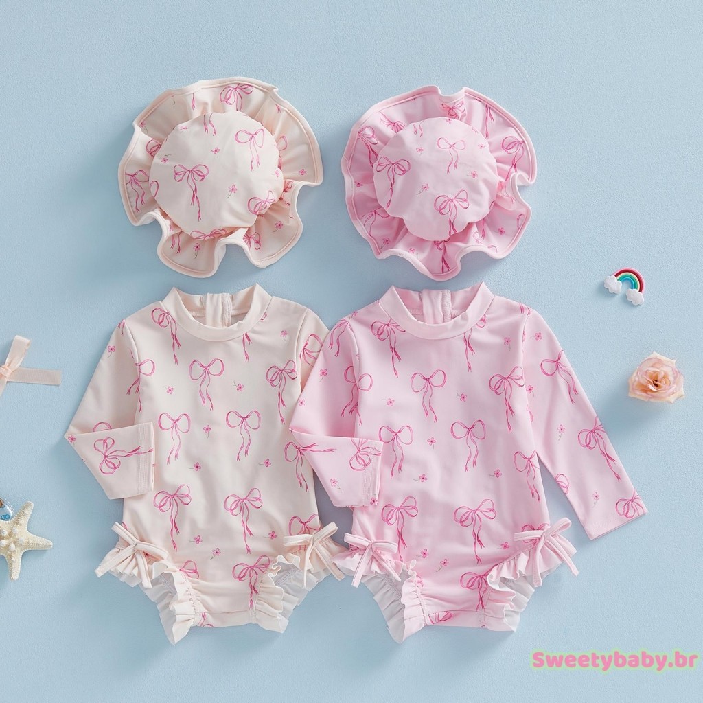 Maiô Infantil Feminino Com Proteção Contra Queimaduras E Laço , Manga Comprida , Babado , Conjunto De Chapéu Para Piscin
