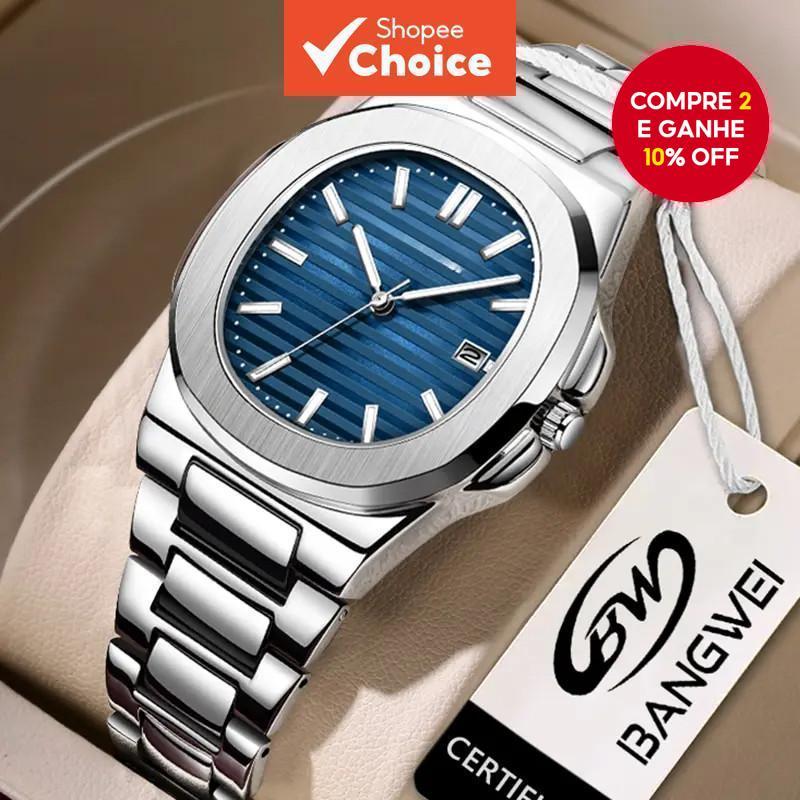 Relógio de quartzo masculino de luxo em aço inoxidável, adequado para esportes masculinos e com exibição de data.