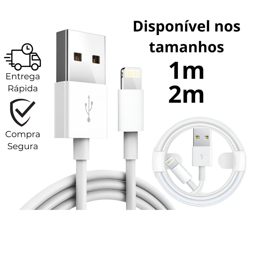 Cabo de Carregador Rápido para iPhone – 1m/2m, Compatível com iPhone 6/7/8/X/XR/XS/11/12/13 Pro Max – Carregamento Rápid