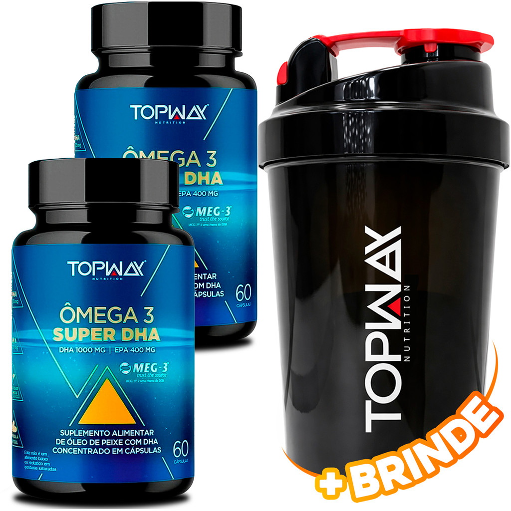 2x Top Way Suplemento Alimentar Ômega 3 Super DHA 1000mg EPA 400mg 60 Caps + Coqueteleira 600ml