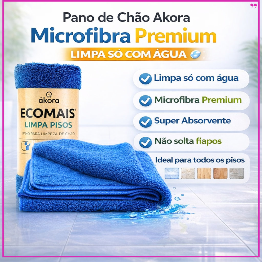 Pano de Chão AKORA Limpa Pisos | Microfibra Premium | Limpa Só com Água | Super Absorvente 40x60cm em Oferta na Shopee