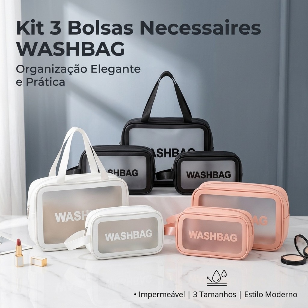 Kit 3 Bolsas Necessaires Wahsbag Transparente À Prova d’água