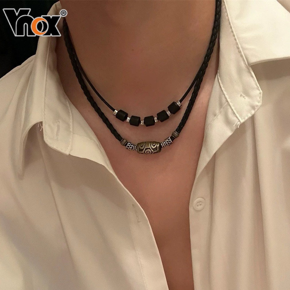 Vnox Pingente Geométrico Tecido Corda De Cera Preta Colar Ajustável De Camada Dupla Para Mulheres E Homens