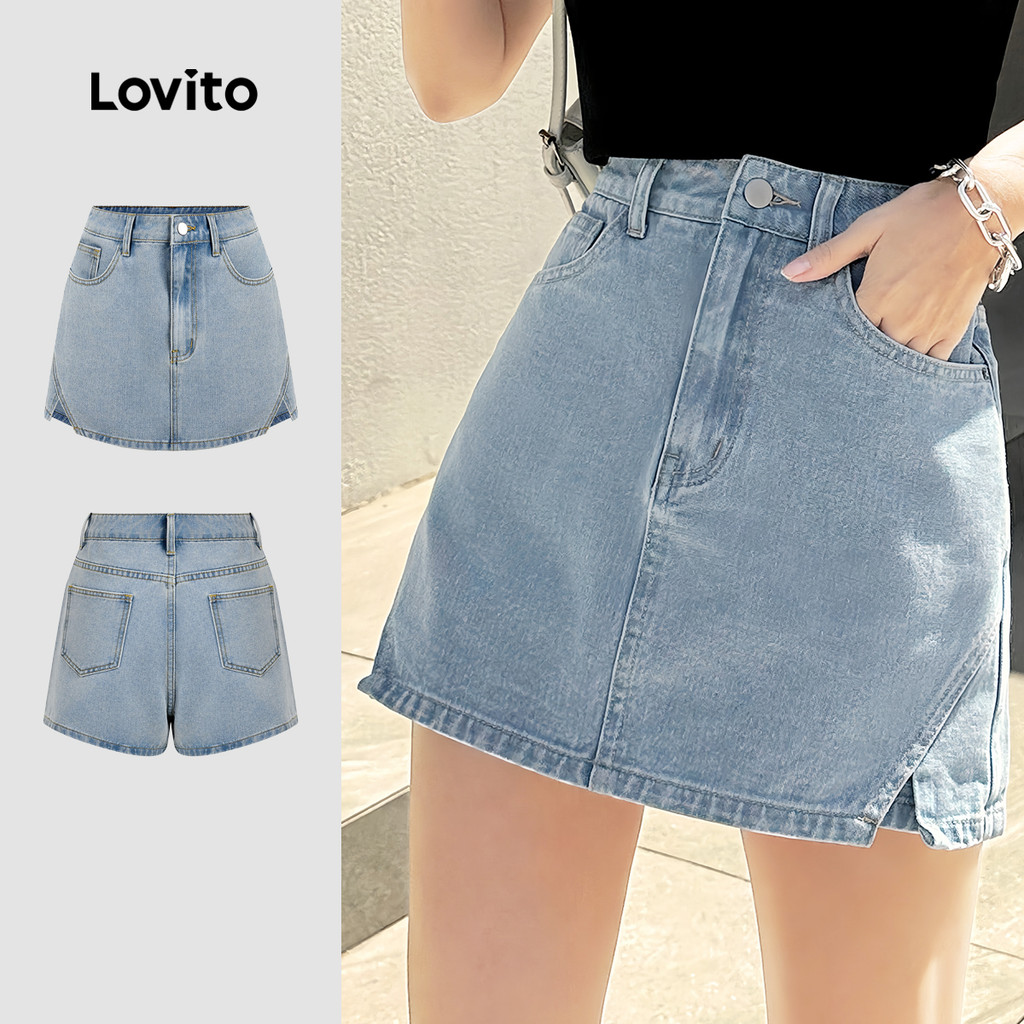 Lovito Shorts Jeans Casuais Falsos Primavera/verão Azul Shorts de Ganga para Mul